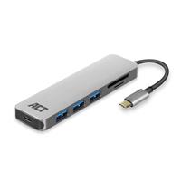 ACT USB-C Hub met USB-A, Kaartlezer, USB-C female met PD Pass-Through poort 55W