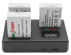 chilipower Canon Accu LP-E8 Kit Deluxe - 3 accu's + Triple lader, voor het laden van 3 accu's