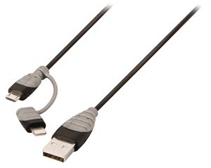 Bandridge 2-in-1 Data en Oplaadkabel USB A Male - Micro-B Male 1.00 m Zwart + Lightning-Adapter