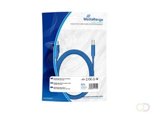 MediaRange MRCS150. Lengte snoer: 5 m, Aansluiting 1: USB A, Aansluiting 2: USB B, USB-versie: 3.0 (3.1 Gen 1), Geslacht connector: Mannelijk/Mannelijk, Kleur van het product: Blauw