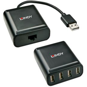 Lindy LINDY. Hostinterface: USB 2.0, Hub-interfaces: RJ-45,USB 2.0. Kleur van het product: Zwart, Materiaal behuizing: Metaal. Breedte: 52 mm, Diepte: 60 mm, Hoogte: 20 mm. Kleur kabel: Zwart