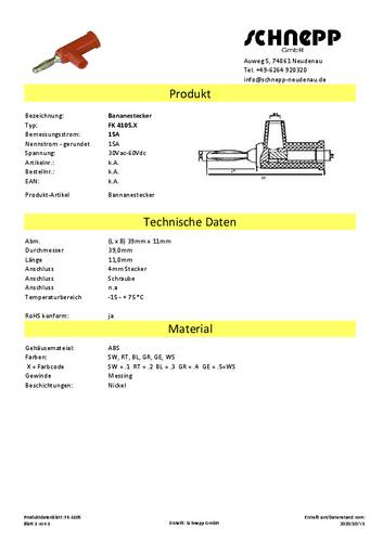 Schnepp FK 4105 GE Bananenstecker Stecker, gerade Stift-Ø: 4mm Gelb