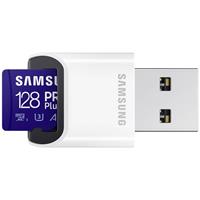 Samsung PRO Plus SDXC-kaart 128 GB Class 10, Class 10 UHS-I, UHS-I, v30 Video Speed Class 4K-video-ondersteuning, A2-vermogensstandaard, Incl. USB-kaartlezer,