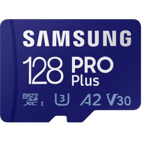 Samsung PRO Plus SDXC-kaart 128 GB Class 10, Class 10 UHS-I, UHS-I, v30 Video Speed Class 4K-video-ondersteuning, A2-vermogensstandaard, Incl. USB-kaartlezer,