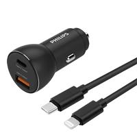 Philips Autolader Usb A-c - Dlp2521c/04 - Zwart - Incl. Usb-c-lightning Oplaadkabel - Iphone Oplader - 36w Fast Charge