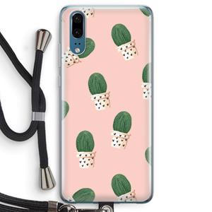 CaseCompany Cactusprint roze: Huawei P20 Transparant Hoesje met koord