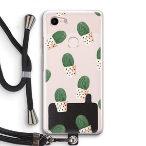 CaseCompany Cactusprint roze: Pixel 3 Transparant Hoesje met koord