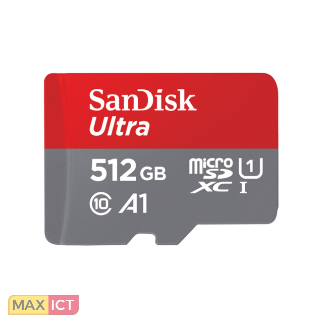 Sandisk SanDisk Ultra microSD. Capaciteit: 512 GB, Soort flashgeheugen: MicroSDXC, Flash memory klasse: Klasse 10, Intern geheugentype: UHS-I. Kleur van het product: Grijs, Rood