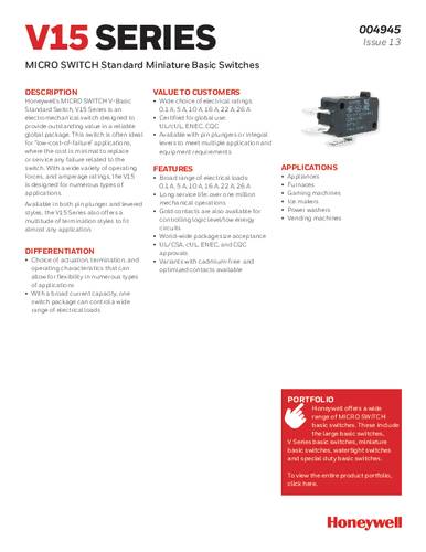 honeywellsps Honeywell SPS V15T16-CP200-K Schnappschalter 1St.