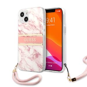Guess Marmer Design Backcase iPhone 13 Mini - Nylon Polsband Roze