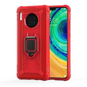 Voor Huawei Mate 30 Carbon Fiber Beschermhoes met 360 graden roterende ringhouder(rood)