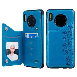 Voor Huawei Mate 30 Six Cats Embossing Pattern Protective Case met Holder & Card Slots & Photo Frame(Blue)