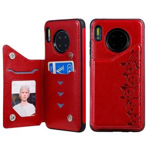 Voor Huawei Mate 30 Six Cats Embossing Pattern Protective Case met Holder & Card Slots & Photo Frame(Red)