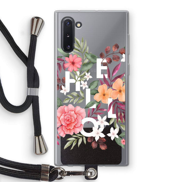 CaseCompany Hello in flowers: Samsung Galaxy Note 10 Transparant Hoesje met koord