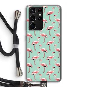 CaseCompany Flamingoprint groen: Samsung Galaxy S21 Ultra Transparant Hoesje met koord