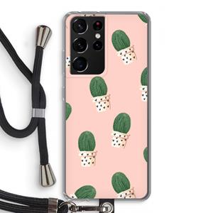 CaseCompany Cactusprint roze: Samsung Galaxy S21 Ultra Transparant Hoesje met koord