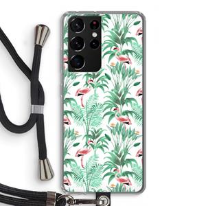 CaseCompany Flamingo bladeren: Samsung Galaxy S21 Ultra Transparant Hoesje met koord