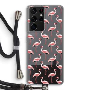 CaseCompany Flamingoprint groen: Samsung Galaxy S21 Ultra Transparant Hoesje met koord