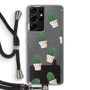 CaseCompany Cactusprint roze: Samsung Galaxy S21 Ultra Transparant Hoesje met koord