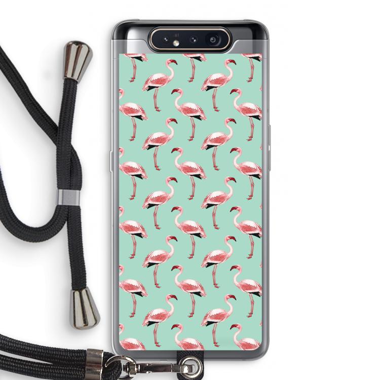 CaseCompany Flamingoprint groen: Samsung Galaxy A80 Transparant Hoesje met koord