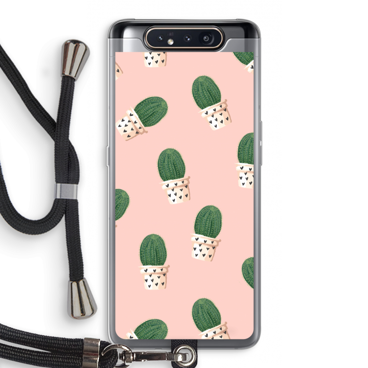 CaseCompany Cactusprint roze: Samsung Galaxy A80 Transparant Hoesje met koord