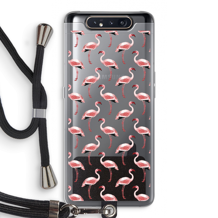 CaseCompany Flamingoprint groen: Samsung Galaxy A80 Transparant Hoesje met koord