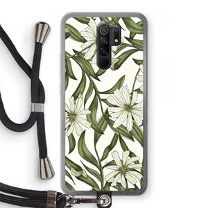 CaseCompany Wit bloemenpatroon: Xiaomi Redmi 9 Transparant Hoesje met koord