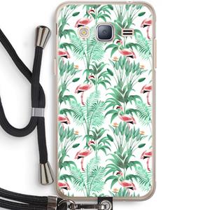 CaseCompany Flamingo bladeren: Samsung Galaxy J3 (2016) Transparant Hoesje met koord