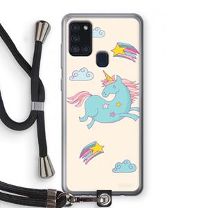 CaseCompany Vliegende eenhoorn: Samsung Galaxy A21s Transparant Hoesje met koord