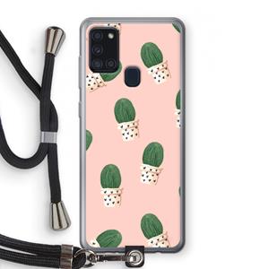 CaseCompany Cactusprint roze: Samsung Galaxy A21s Transparant Hoesje met koord