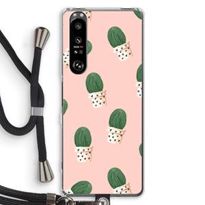 CaseCompany Cactusprint roze: Sony Xperia 1 III Transparant Hoesje met koord