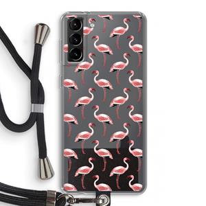 CaseCompany Flamingoprint groen: Samsung Galaxy S21 Plus Transparant Hoesje met koord