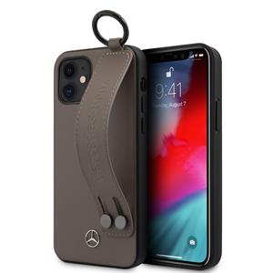 Mercedes-Benz Mercedes - Leren Backcover hoes met Handstrap - iPhone 12 Mini - Bruin + Lunso Tempered Glass