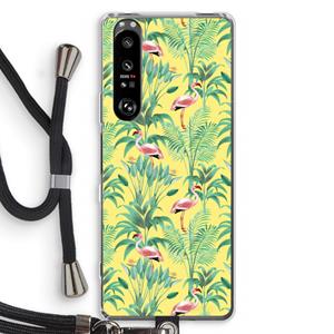 CaseCompany Flamingo party: Sony Xperia 1 III Transparant Hoesje met koord