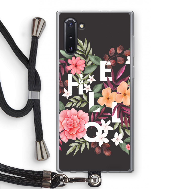 CaseCompany Hello in flowers: Samsung Galaxy Note 10 Transparant Hoesje met koord