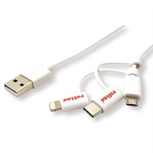 Roline USB-kabel USB 2.0 USB-A stekker, Apple Lightning stekker, USB-micro-B stekker, USB-C stekker 1.00 m Wit Afgeschermd 11.02.8329