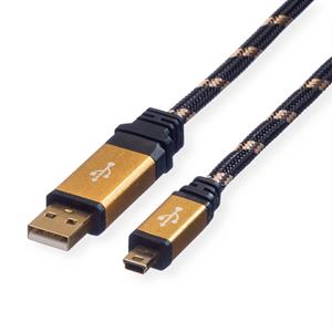 Roline USB-kabel USB 2.0 USB-A stekker, USB-mini-A stekker 0.80 m Zwart, Goud Afgeschermd 11.02.8821