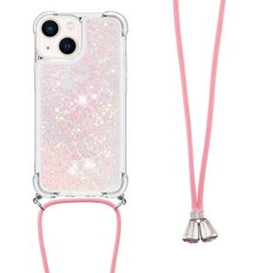 Lunso  Backcover hoes met koord - iPhone 14 - Glitter Rose Zilver