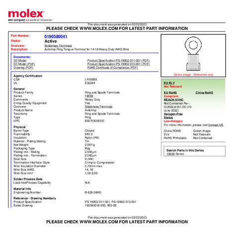 Molex 190580041 Ringkabelschuh Bulk