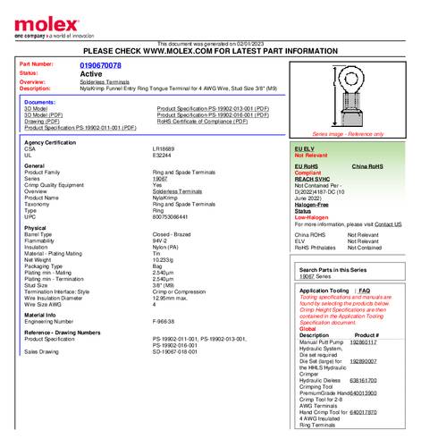 Molex 190670078 Ringkabelschuh Loch-Ø=9mm Bulk