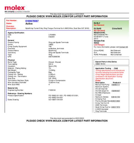 Molex 190670087 Ringkabelschuh Loch-Ø=16mm Bulk