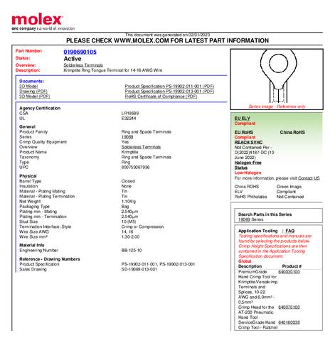Molex 190690105 Ringkabelschuh Bulk