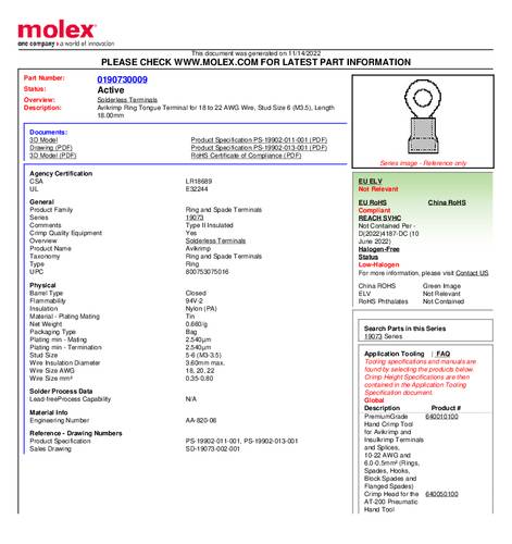 Molex 190730009 Ringkabelschuh Loch-Ø=3.5mm Bulk