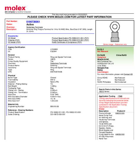 Molex 190730061 Ringkabelschuh Loch-Ø=8mm Bulk