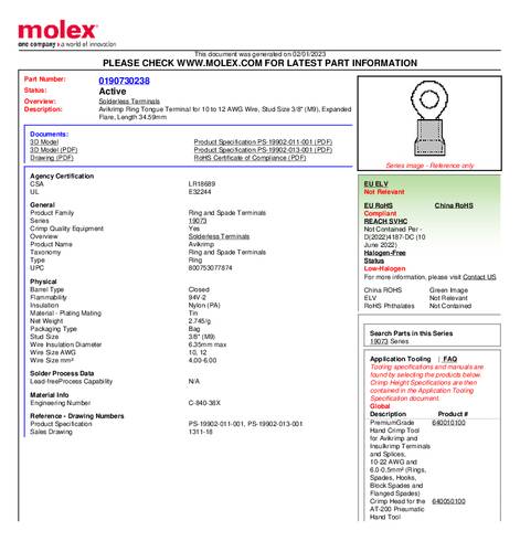 Molex 190730238 Ringkabelschuh Loch-Ø=9mm Bulk
