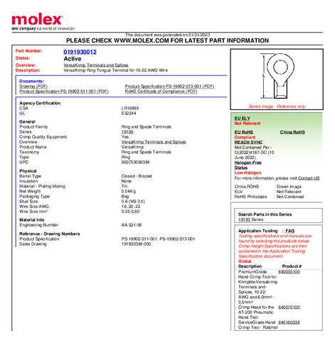 Molex 191930012 Ringkabelschuh Bulk