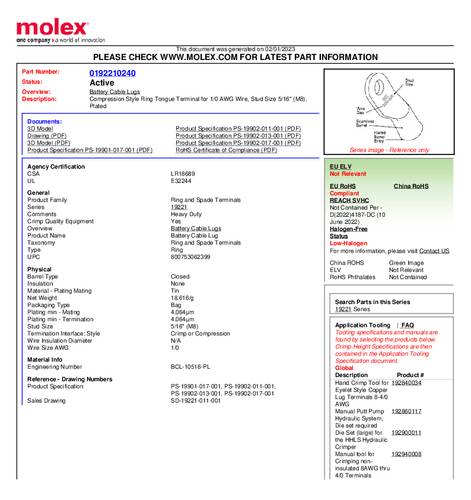 Molex 192210240 Ringkabelschuh Loch-Ø=8mm Bulk