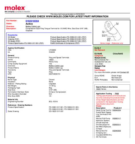 Molex 192210394 Ringkabelschuh Loch-Ø=8mm Bulk