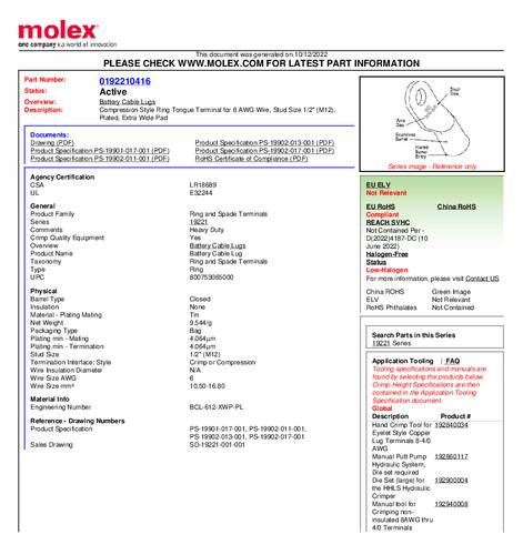 Molex 192210416 Ringkabelschuh Loch-Ø=12mm Bulk