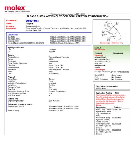 Molex 192210461 Ringkabelschuh Loch-Ø=8mm Bulk
